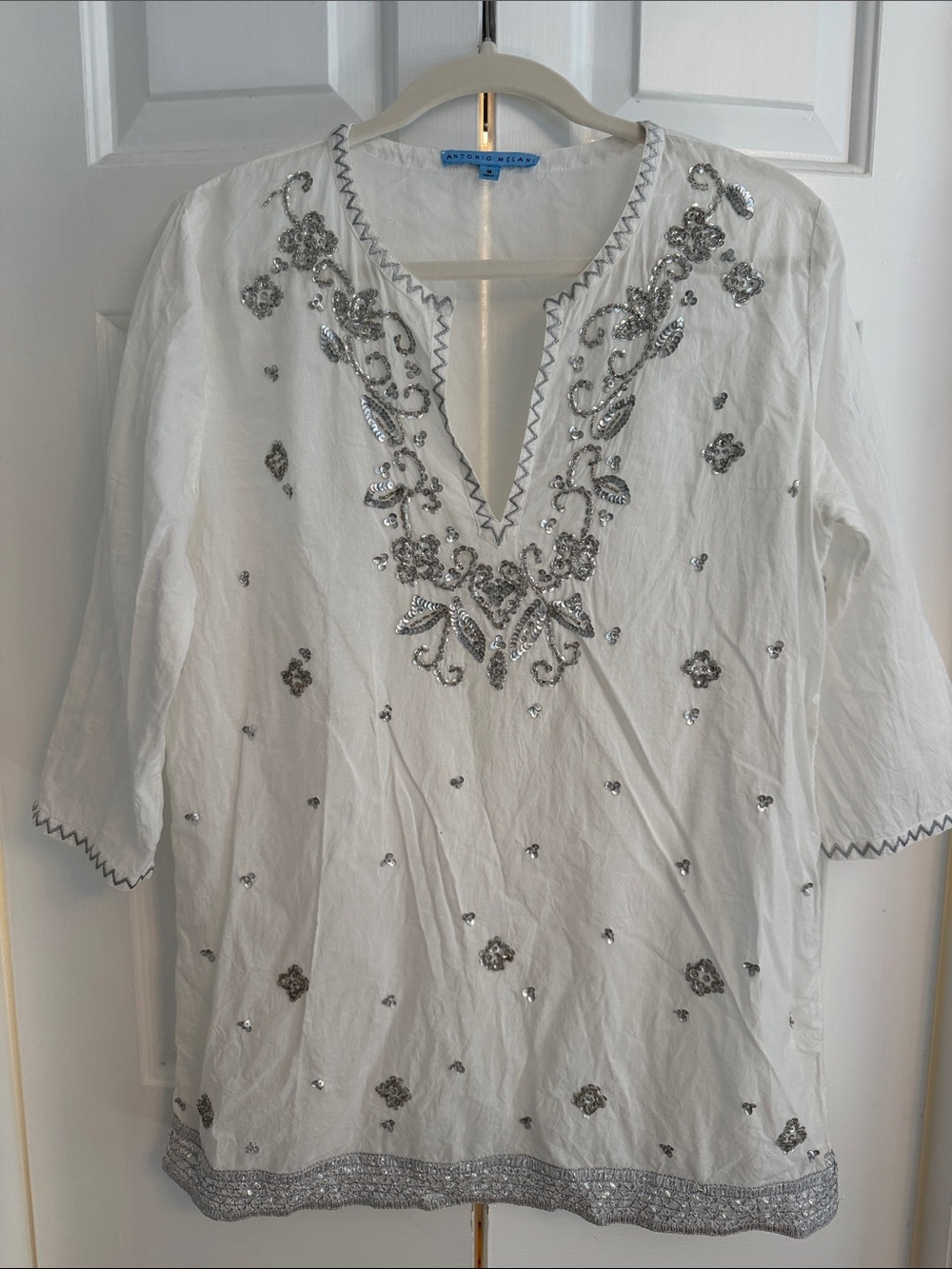 Antonio Melani White Tunic/Swim coverup with Silver Sequin Embellishment